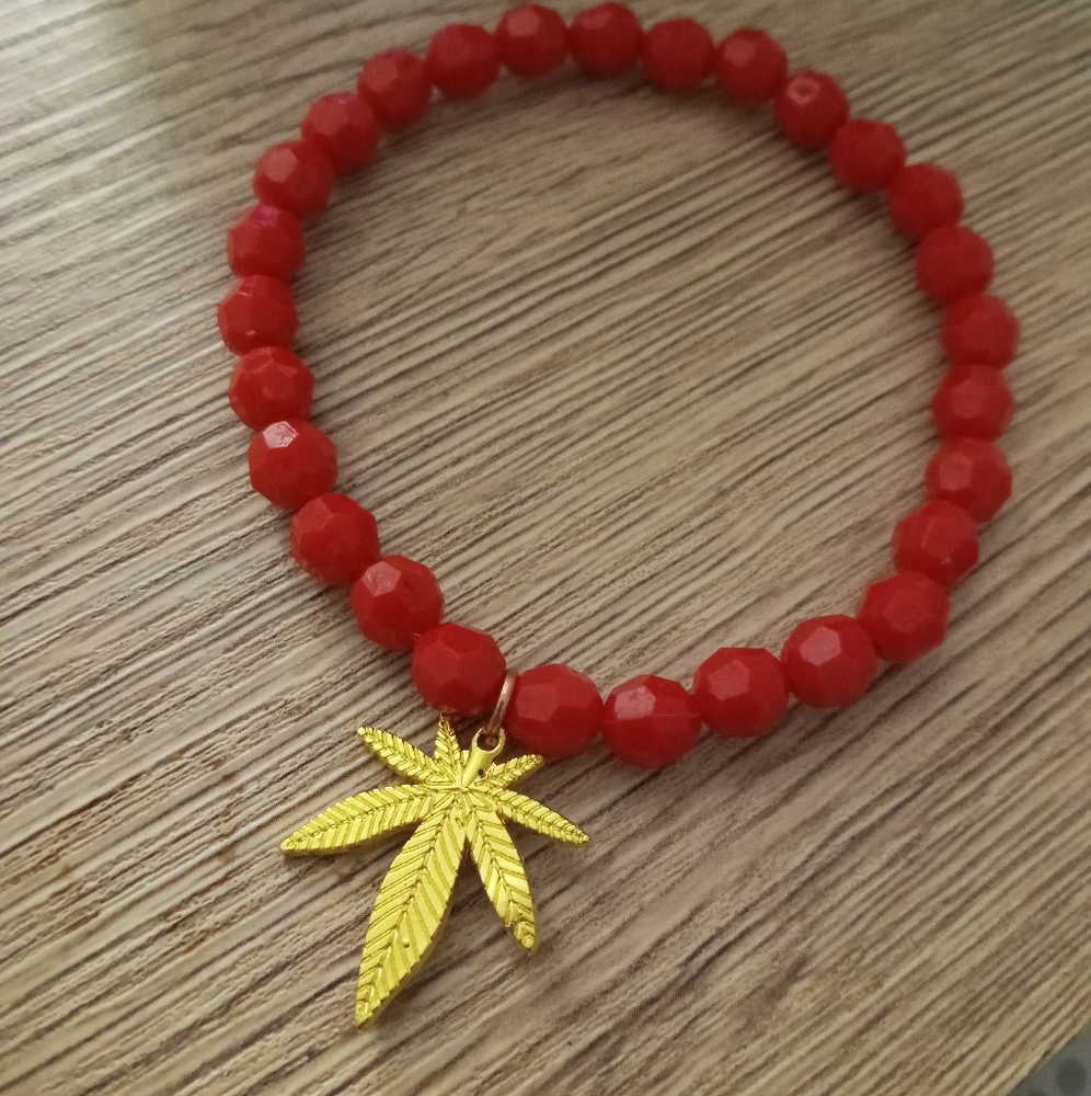 Hand Crafted Red crystal gold hemp leaf beaded statement bracelet